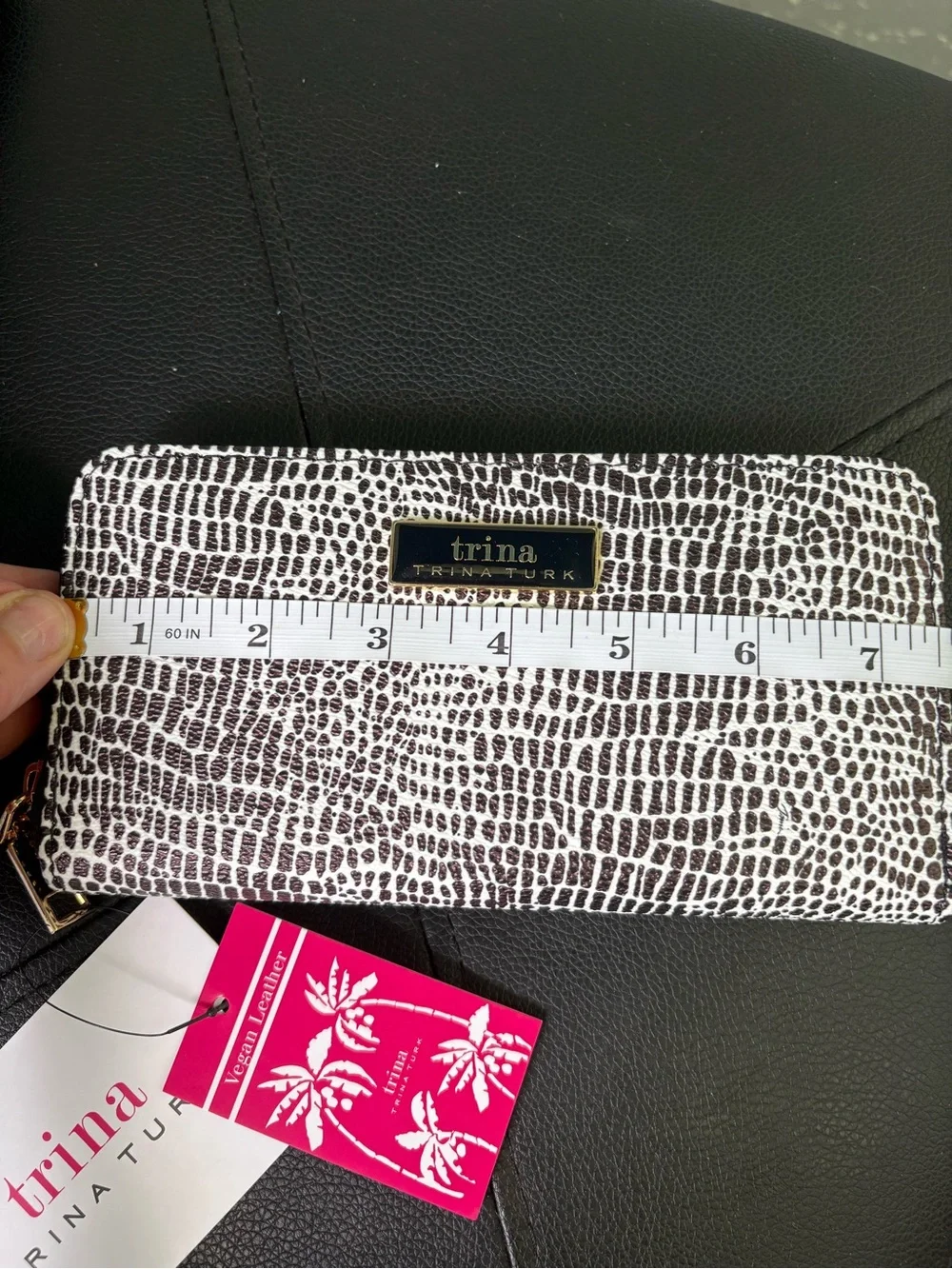 Trina Turk Black & White Textured Zip Wallet with Gold Logo Plaque